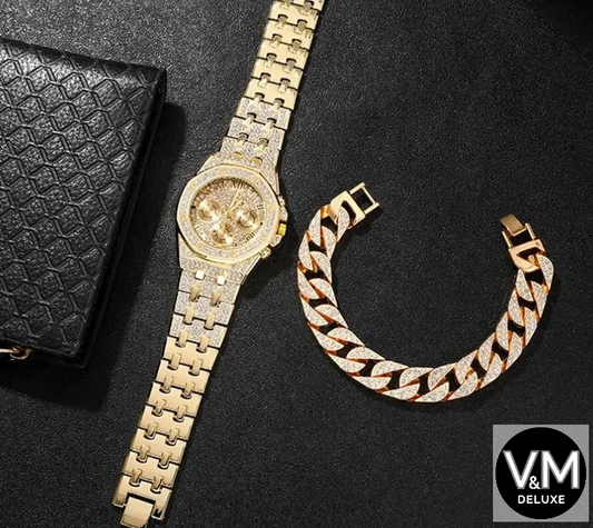 RELOJ UNISEX DORADO CON BRILLANTES Y PULSERA ANCHA A JUEGO