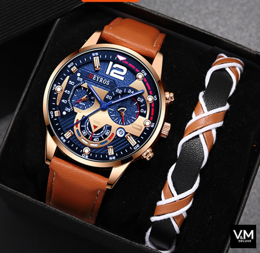 RELOJ DEYROS BLUE CON CORREA PIEL + REGALO PULSERA