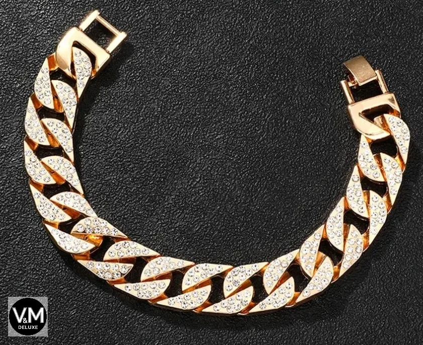 RELOJ UNISEX DORADO CON BRILLANTES Y PULSERA ANCHA A JUEGO