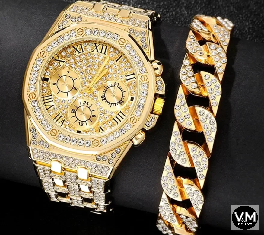 RELOJ UNISEX DORADO CON BRILLANTES Y PULSERA ANCHA A JUEGO